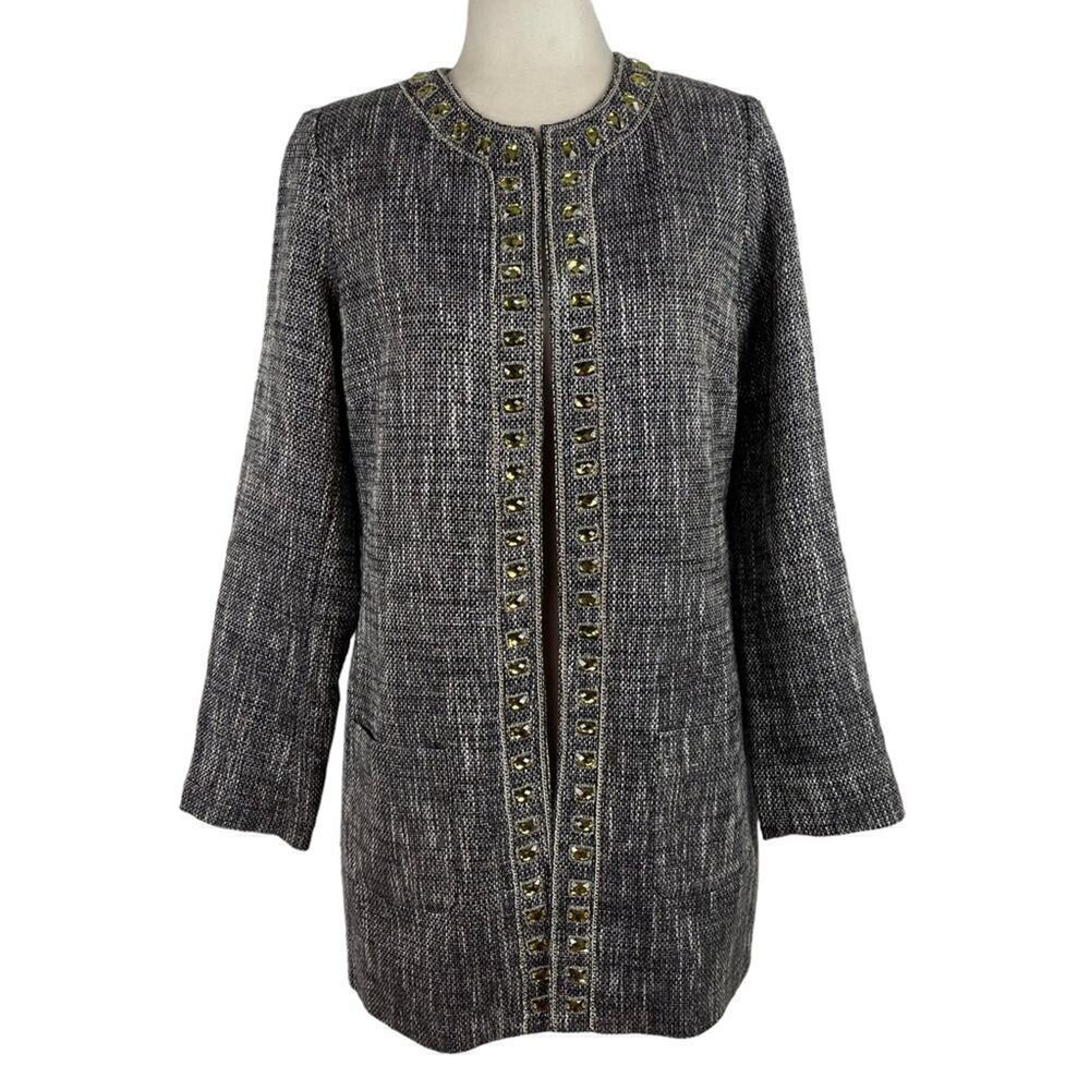 Chico's Embellished Gem Duster Jacket Tweed Dressy Long Cardigan Size Small